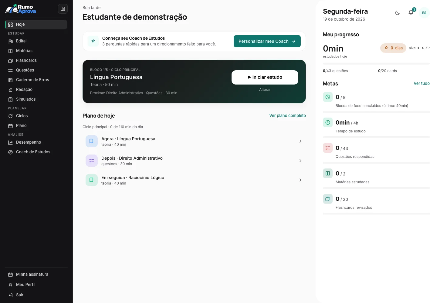 Captura real do painel Rumo Aprova em uma conta de teste, com dados demonstrativos de estudo